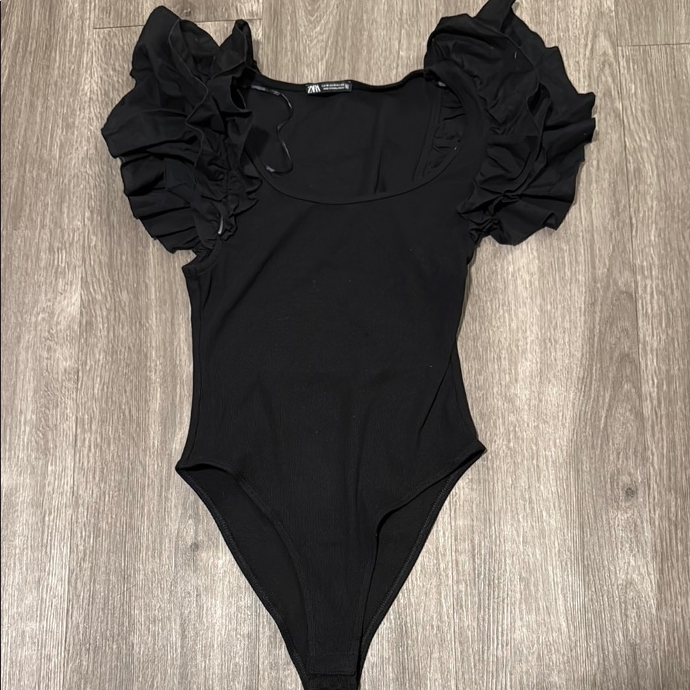 Zara Black Ruffled Bodysuit Top